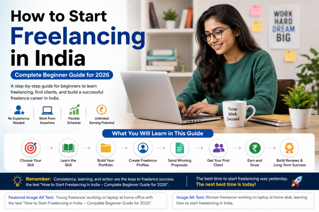 How to Start Freelancing in India complete beginner guide showing a freelancer working on a laptop with icons for writing, SEO, design, coding, and online clients. 