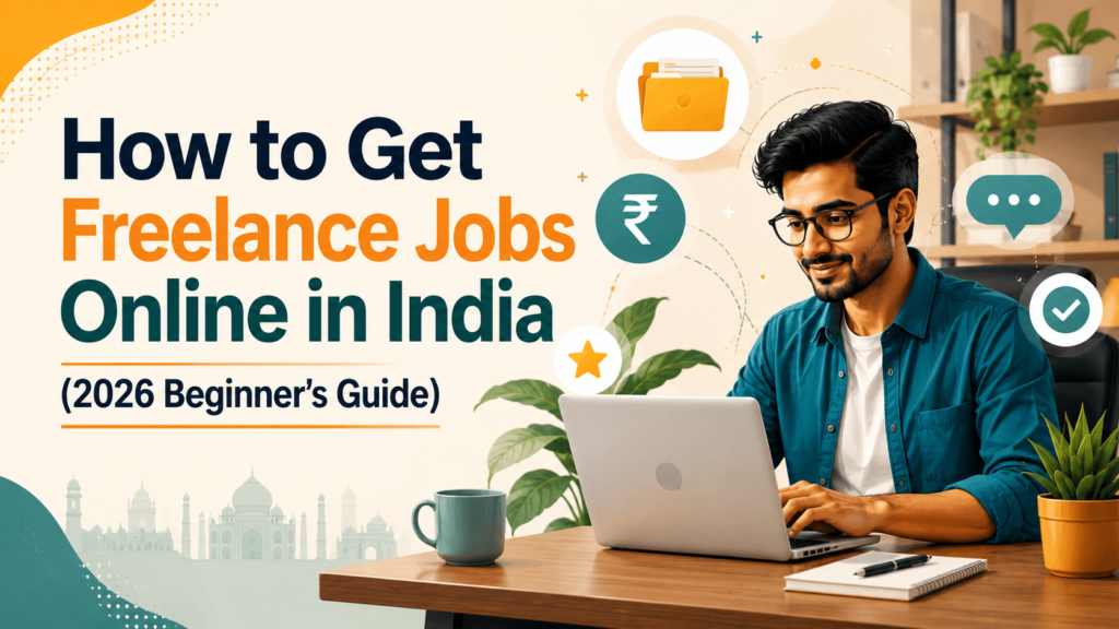 Young Indian freelancer working on a laptop from a home office with freelance icons, representing how to get freelance jobs online in India