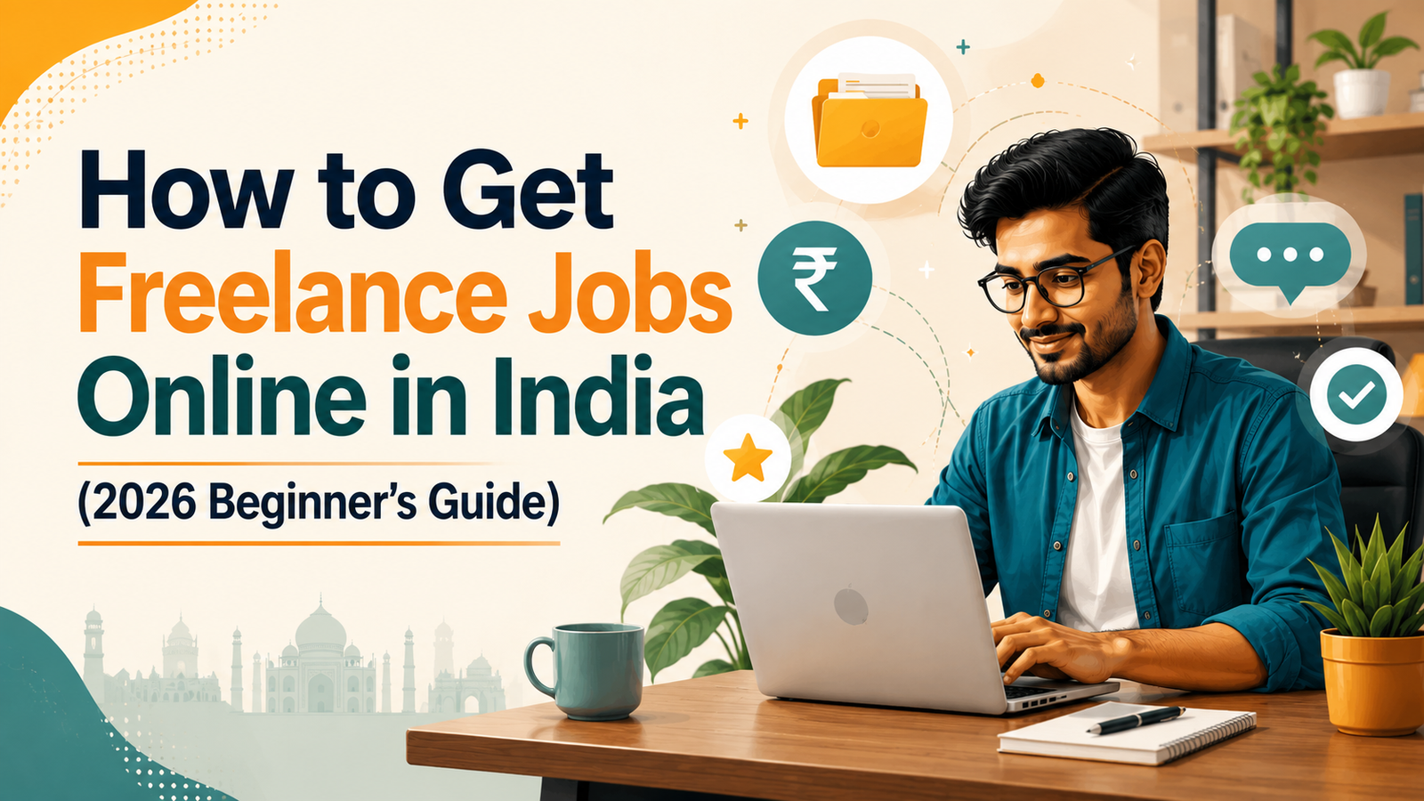 Young Indian freelancer working on a laptop from a home office with freelance icons, representing how to get freelance jobs online in India